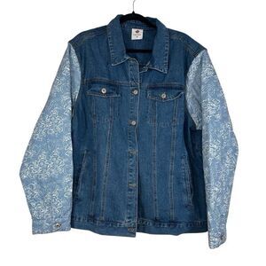 NEW Like Love 2XL Denim Jacket with Quilted Floral Sleeves Blue Jean Button Up